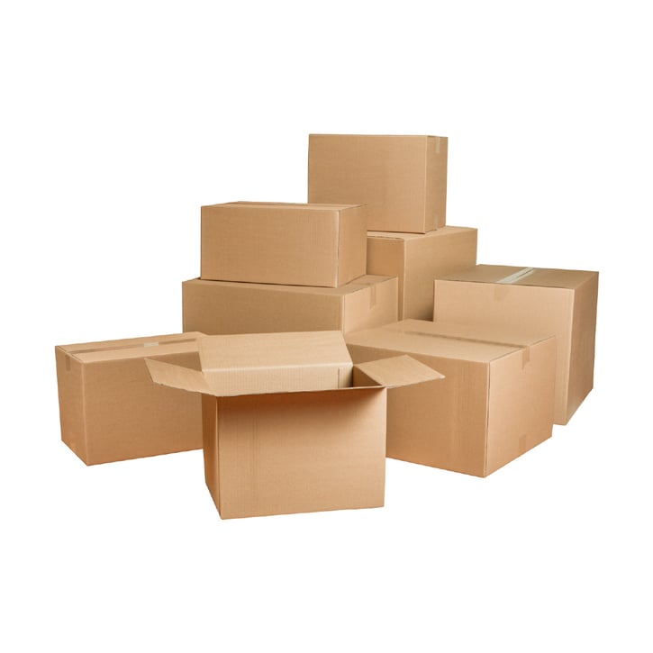 Stack of open and closed corrugated cardboard boxes. 
